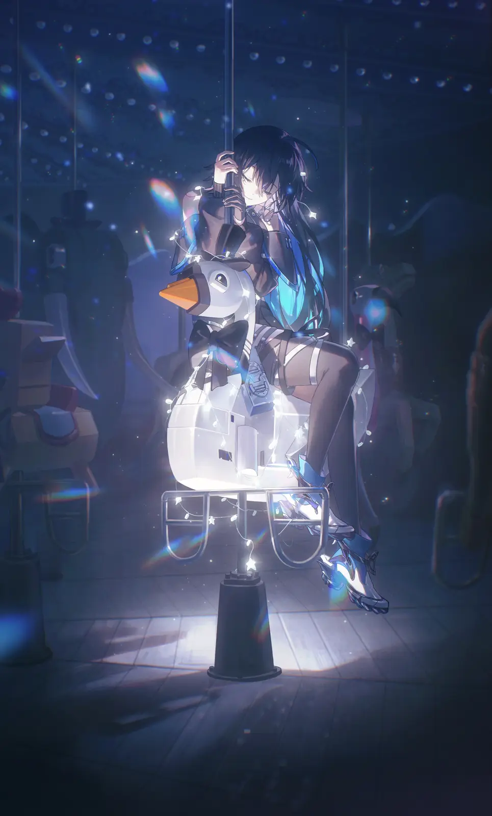 An anime-style girl with dark hair sits atop a snowman-shaped carousel horse decorated with string lights, holding the pole…