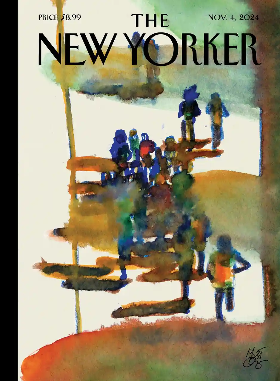 The image is a watercolor-style illustration of a group of abstract, colorful human figures climbing a set of stairs. The…