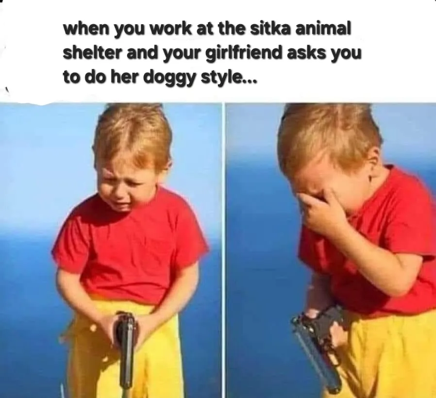 A two-panel image shows a young child in a red shirt and yellow pants holding a toy gun. In the left panel, the child has a…