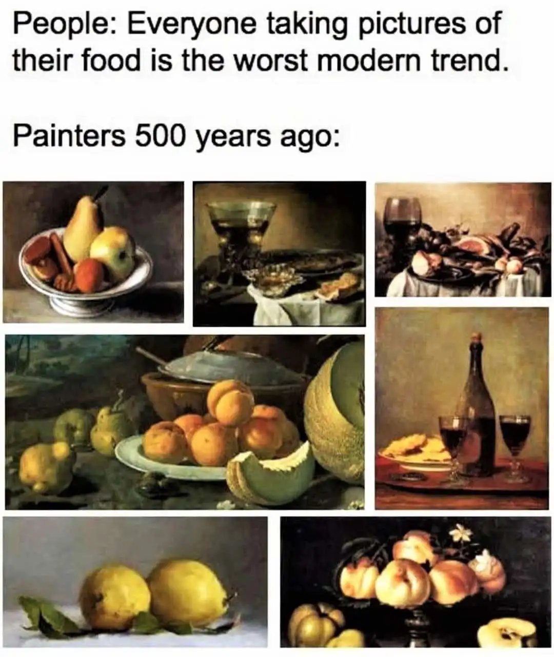 The image displays six classical still-life paintings arranged in a grid, each depicting food items like fruit, wine, and…