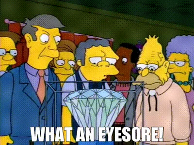 A three-panel Simpsons meme showing a crowd of people at an auction, all shouting 'WHAT AN EYESORE!' at a large diamond. In…