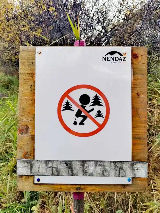 A white sign mounted on a wooden post in a grassy, wooded area displays a red circle with a slash over a black pictogram of…