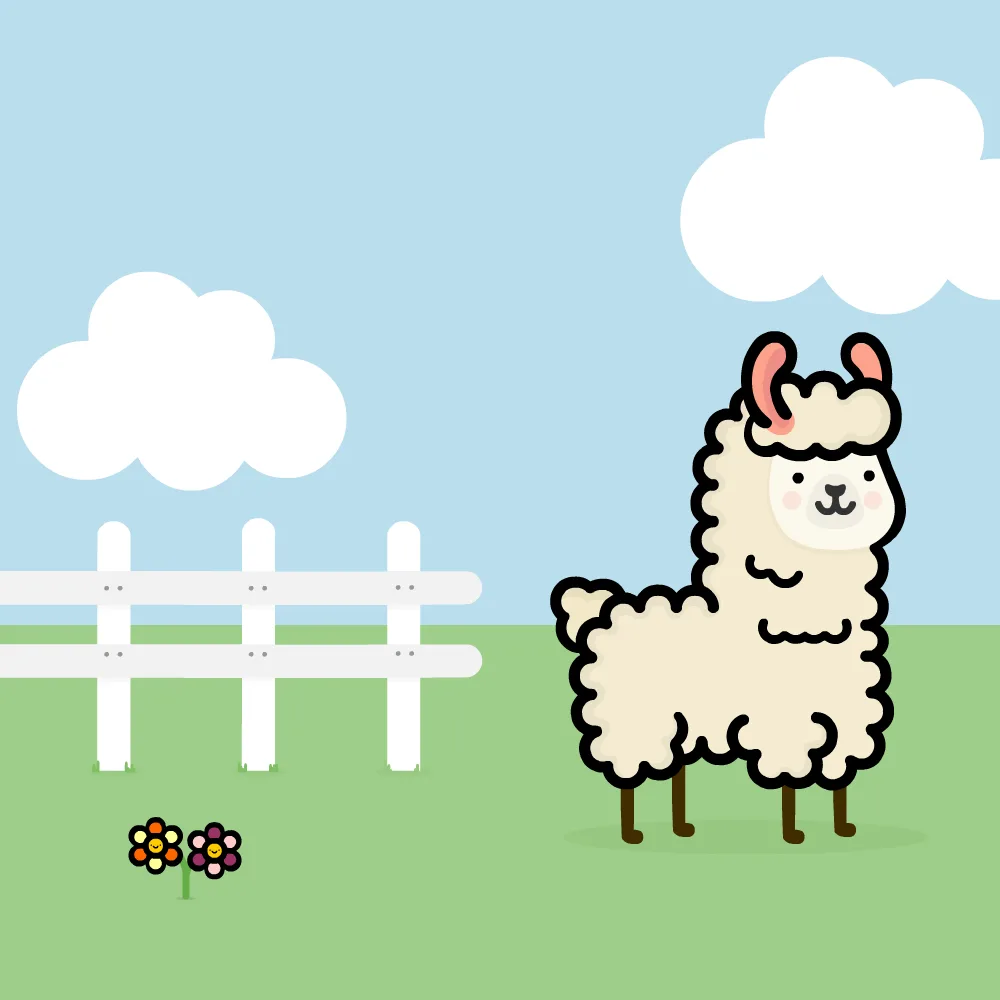 A cartoon-style illustration shows a fluffy, cream-colored llama standing in a green field under a light blue sky with two…