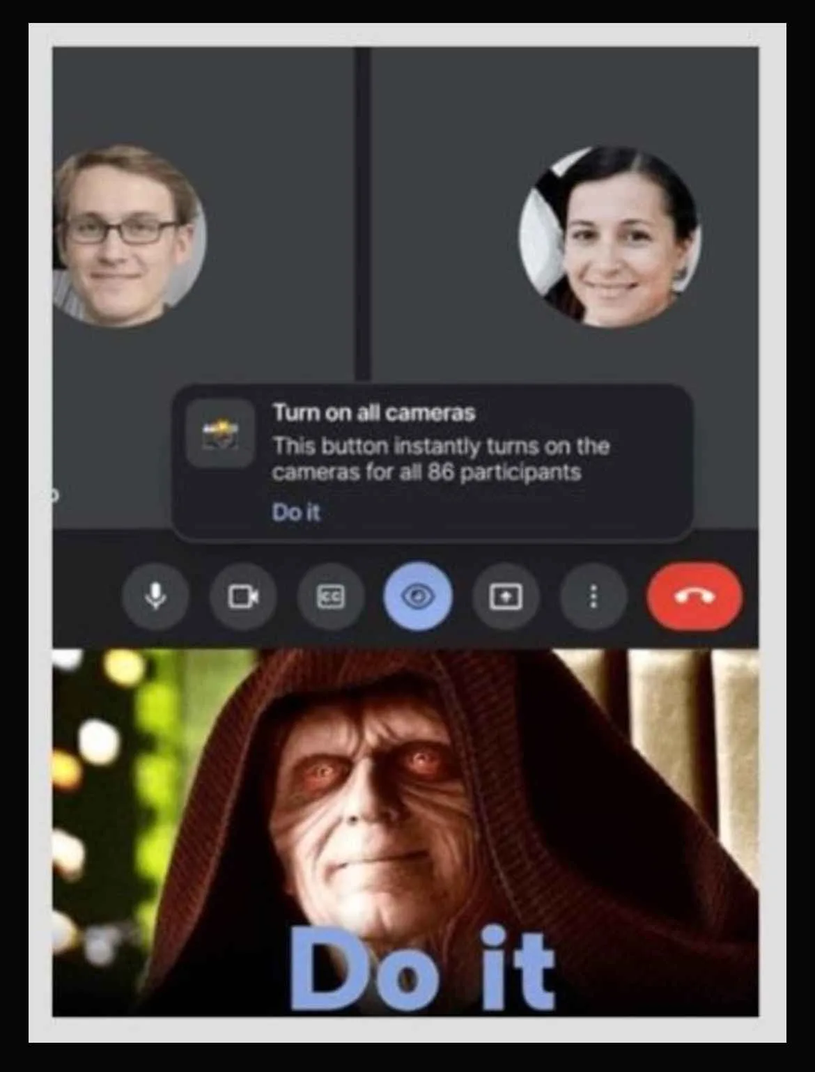 A screenshot of a video call interface shows two participants, a man and a woman, with a pop-up notification that says 'Turn…