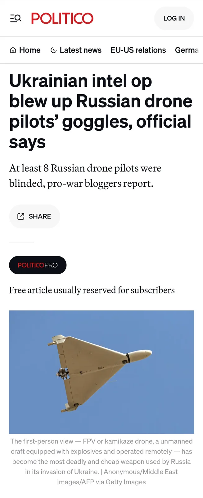 A screenshot of a Politico news article shows a headline claiming Ukrainian intelligence blew up Russian drone pilots'…