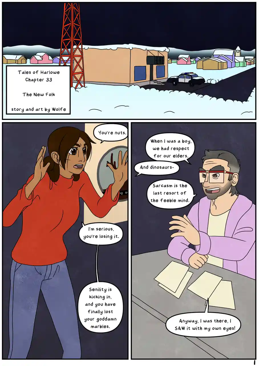 A comic panel from 'Tales of Harlowe Chapter 33' shows a woman in a red shirt angrily telling a man in a purple robe that…