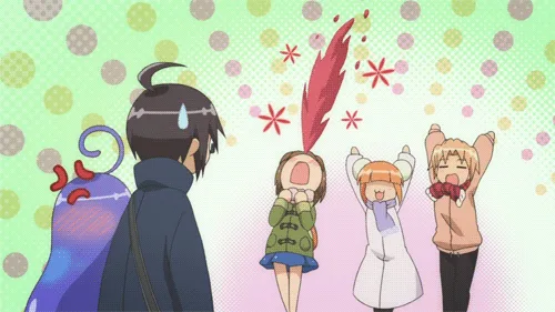 The image shows a repeating anime scene with three characters: a boy with a sweat drop on his head looking away, and two…