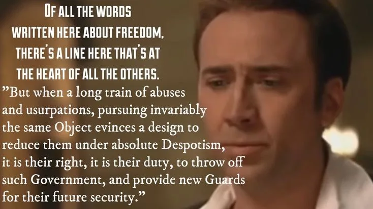 A close-up of actor Nicolas Cage with a serious, slightly confused expression, overlaid with a large block of text quoting…