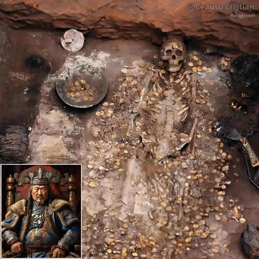 An archaeological photo shows a human skeleton lying in a dirt pit, covered with numerous gold coins, with a bowl of coins…