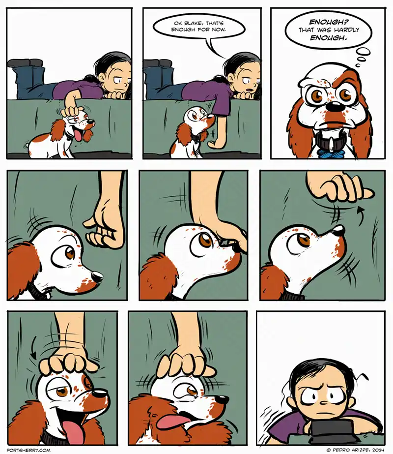 A comic strip shows a person petting a dog named Blake. The person says 'OK Blake, that's enough for now,' but Blake…
