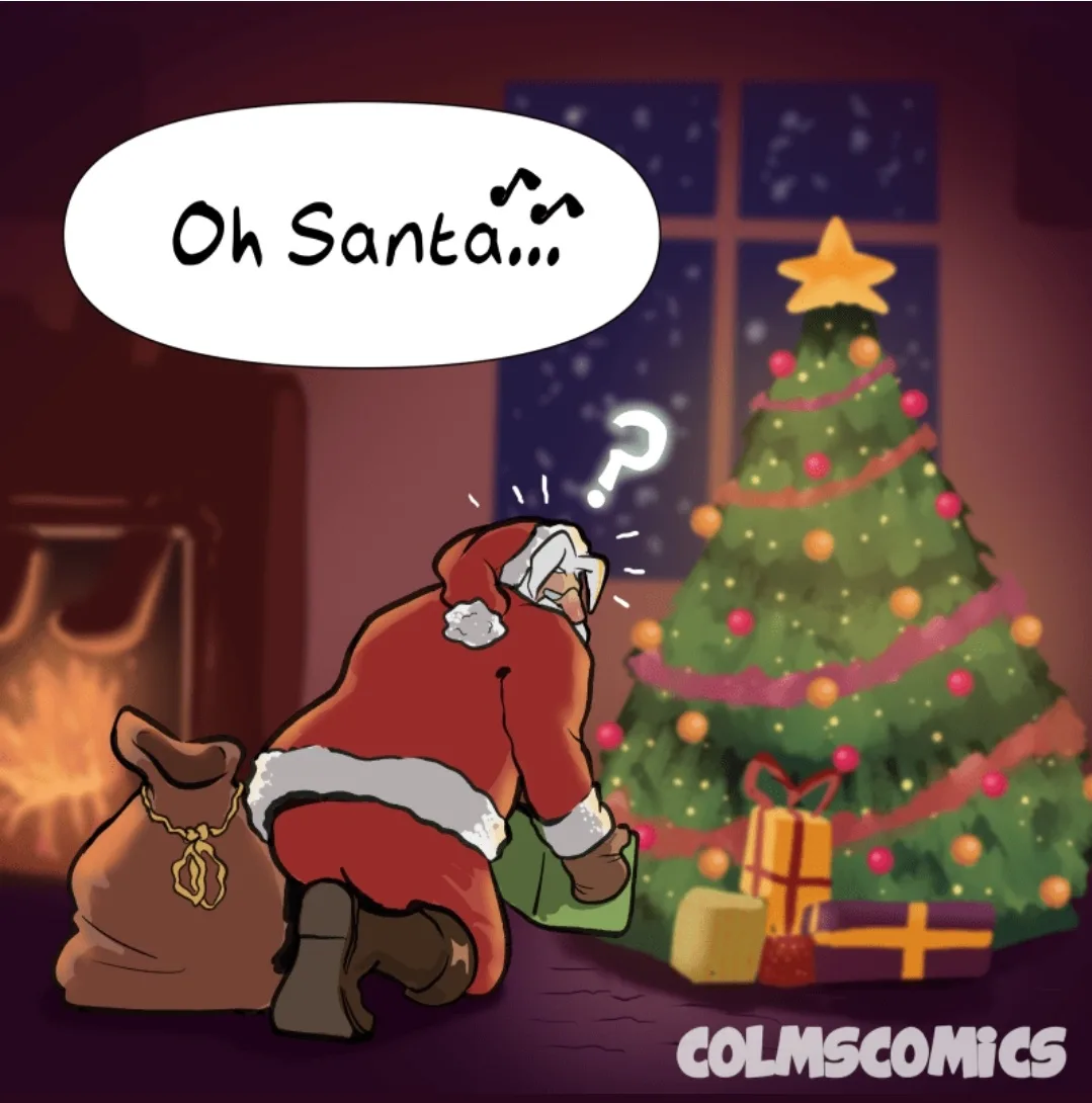 A cartoon Santa Claus is kneeling in front of a decorated Christmas tree with presents, looking confused with a question…
