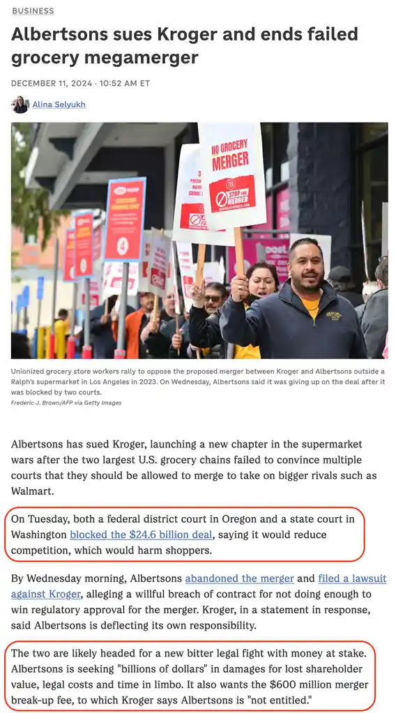 A news article screenshot shows a protest with people holding signs that read 'NO GROCERY MERGER' and 'STOP THE MERGER'. The…