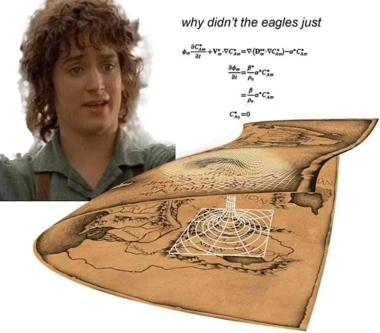 A still of Frodo Baggins from 'The Lord of the Rings' looking confused, overlaid with the text 'why didn't the eagles just'…