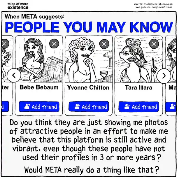 The image shows a mock-up of a social media 'People You May Know' suggestion list from META, featuring cartoon profiles of…