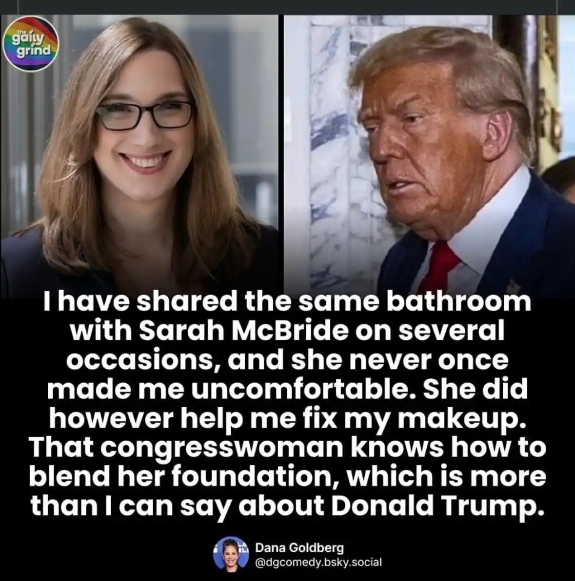 The image is a split-screen meme featuring a smiling woman with glasses on the left and a frowning Donald Trump on the…