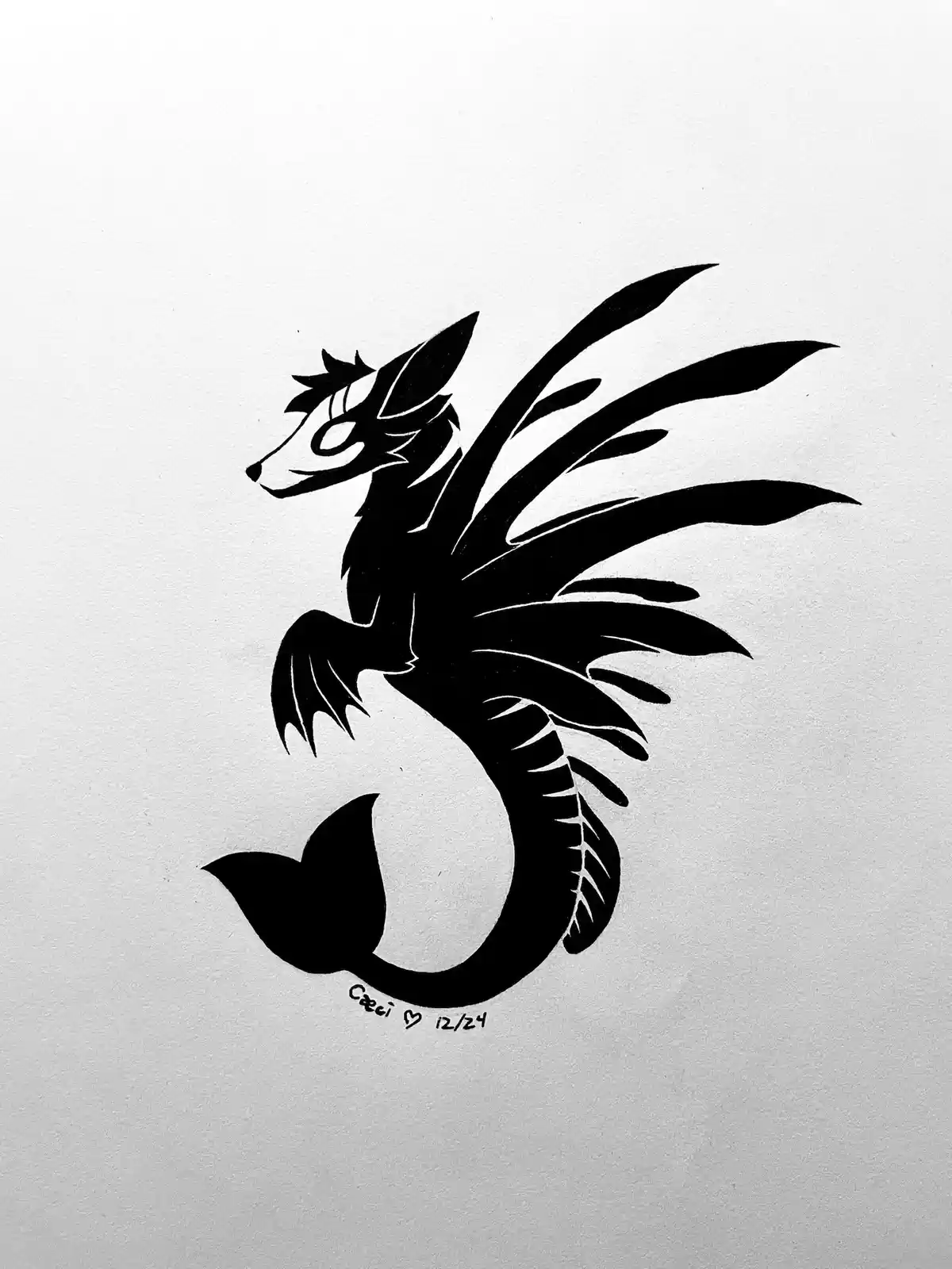 A black-and-white stylized drawing of a dragon with a fox-like head and a mermaid tail, set against a textured white…