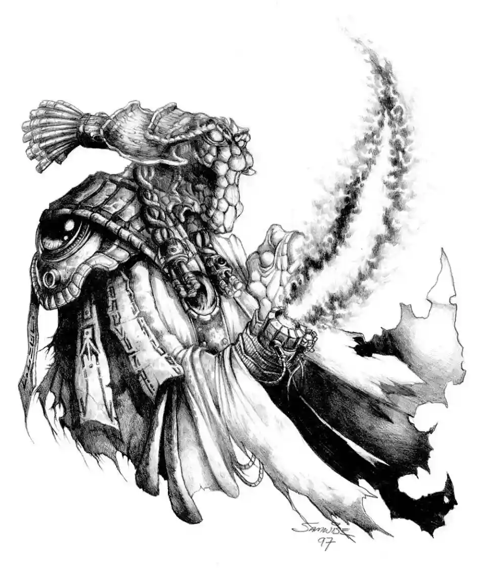 A black-and-white pencil drawing depicts a heavily armored, reptilian or alien warrior with a large, textured head, wielding…
