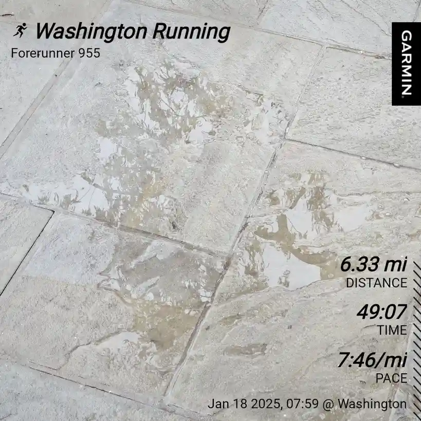A Garmin Forerunner 955 running watch screenshot shows a 6.33-mile run in 49:07 with a 7:46/mi pace, taken on a wet stone…