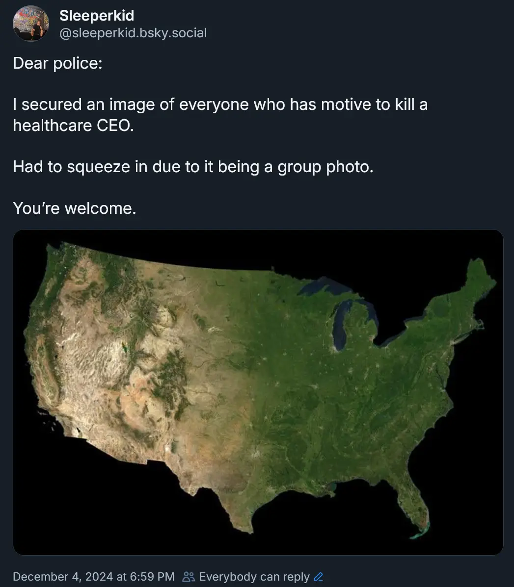 A screenshot of a social media post showing a satellite image of the entire United States, overlaid with text that…