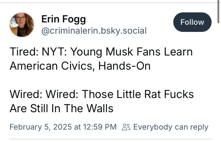 A screenshot of a social media post by Erin Fogg showing two contrasting headlines: one from the NYT about young Musk fans…