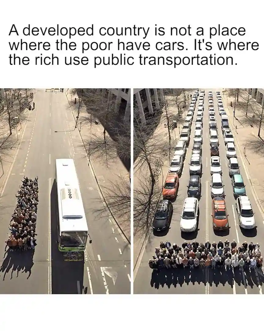 The image is split into two aerial views. Left: A long line of people walking beside a single public bus on an empty road…