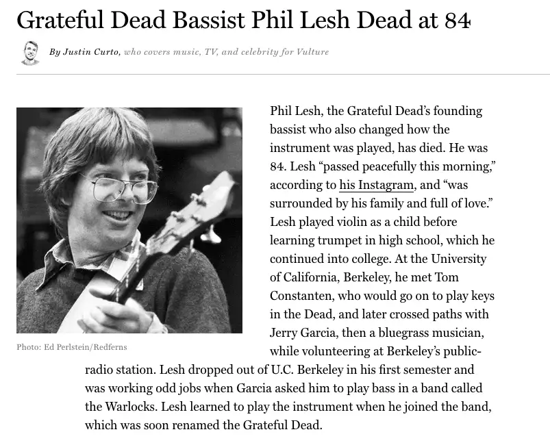 A black-and-white news article clipping shows a smiling Phil Lesh holding a bass guitar. The headline reads 'Grateful Dead…