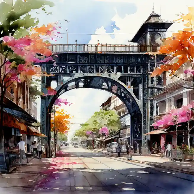 A watercolor-style painting of a city street viewed through a large, ornate metal archway bridge. The bridge has a clock…