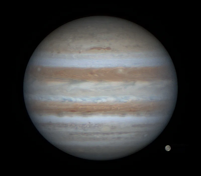 The image displays six side-by-side photos of Jupiter, arranged in two rows of three. Each photo shows the planet with its…