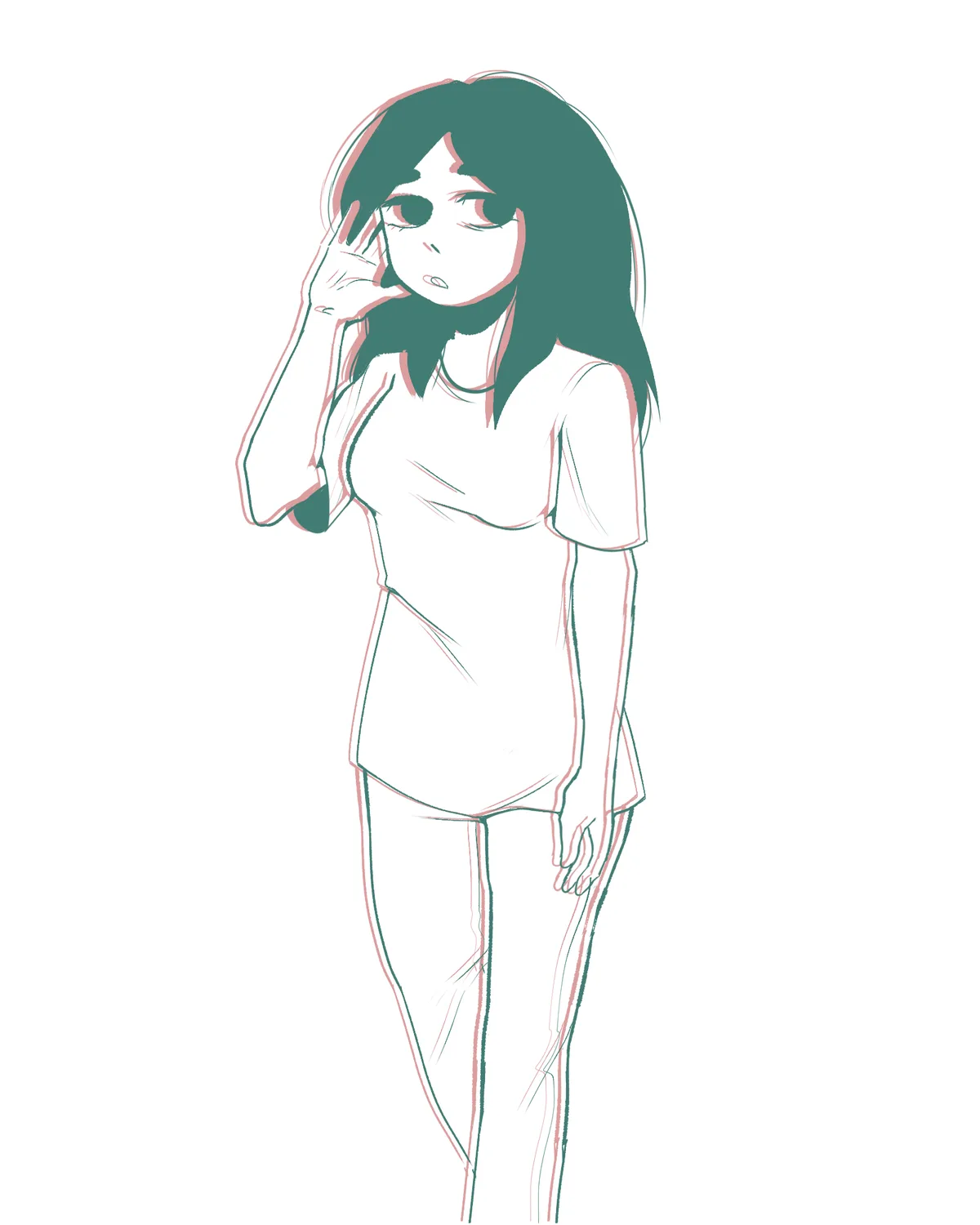A simple line drawing of a young woman with dark hair, wearing a t-shirt and pants, standing with one hand raised to her…