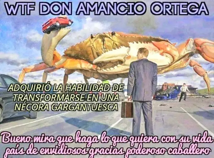A man in a suit stands facing a giant crab that has a red car balanced on its claw. Text overlaid in Spanish reads 'WTF DON…