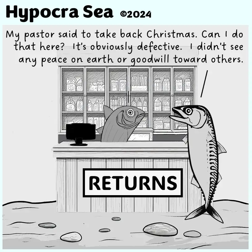 A cartoon depicts two fish at a 'RETURNS' counter in a store, with shelves of products behind them. One fish, behind the…
