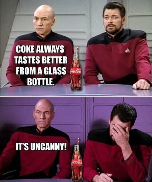 Two men in Starfleet uniforms sit at a table with a glass Coca-Cola bottle between them. The top panel has text saying 'COKE…