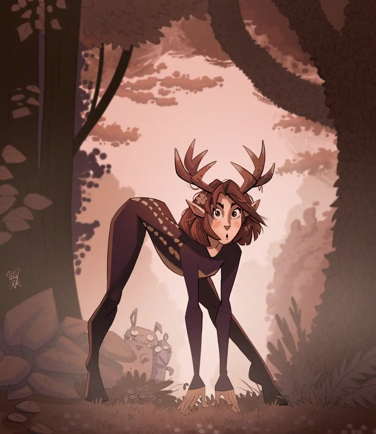 An anthropomorphic deer with human-like features, including a face, arms, and legs, stands in a forest with a startled…