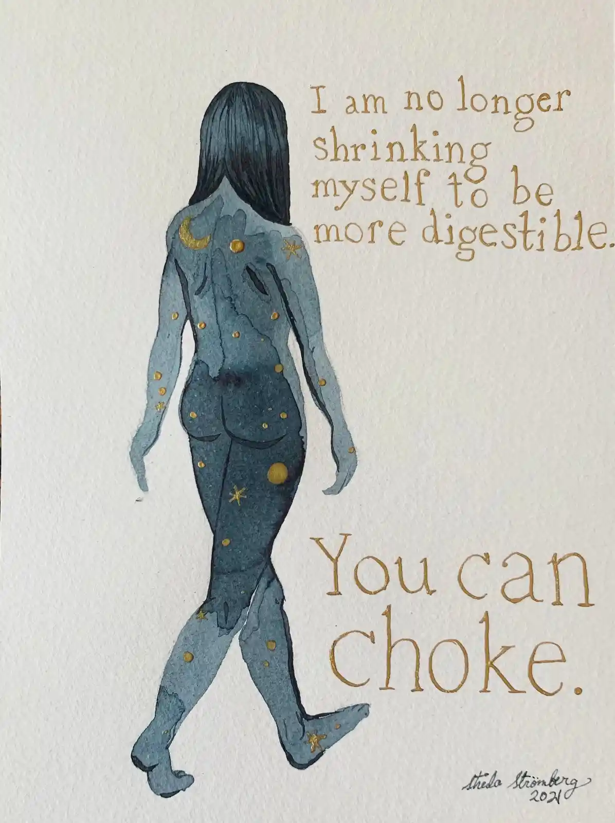 A watercolor illustration shows the back of a woman walking away, her body painted blue and decorated with gold stars and a…
