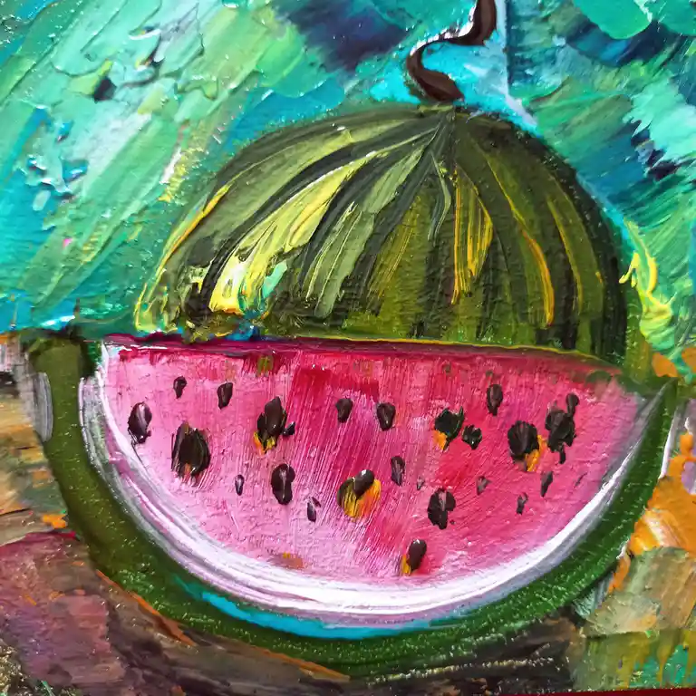 A thickly painted, textured slice of watermelon with a green rind and pink flesh dotted with black seeds, set against a…