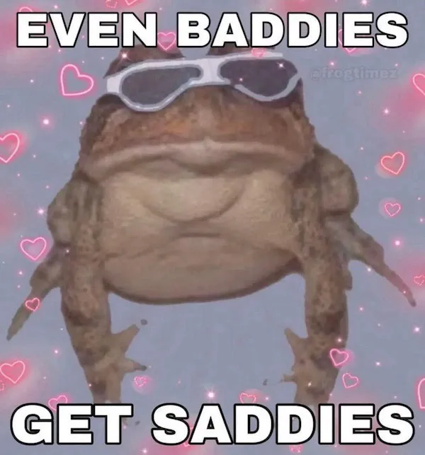 A large, plump toad wearing white sunglasses is centered against a light blue background decorated with pink hearts and…
