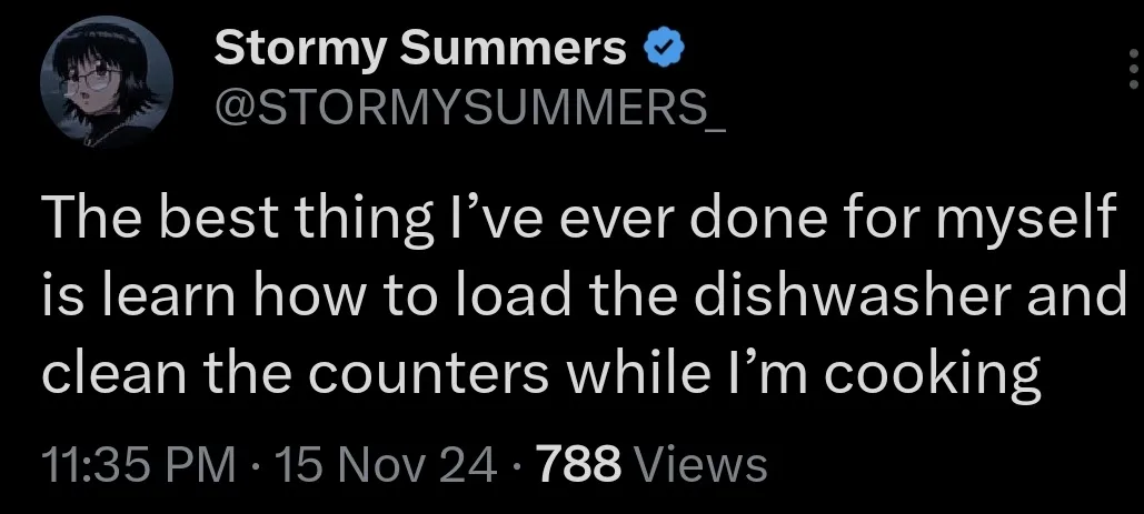 A screenshot of a tweet by Stormy Summers showing a black background with white text. The tweet reads: 'The best thing I've…