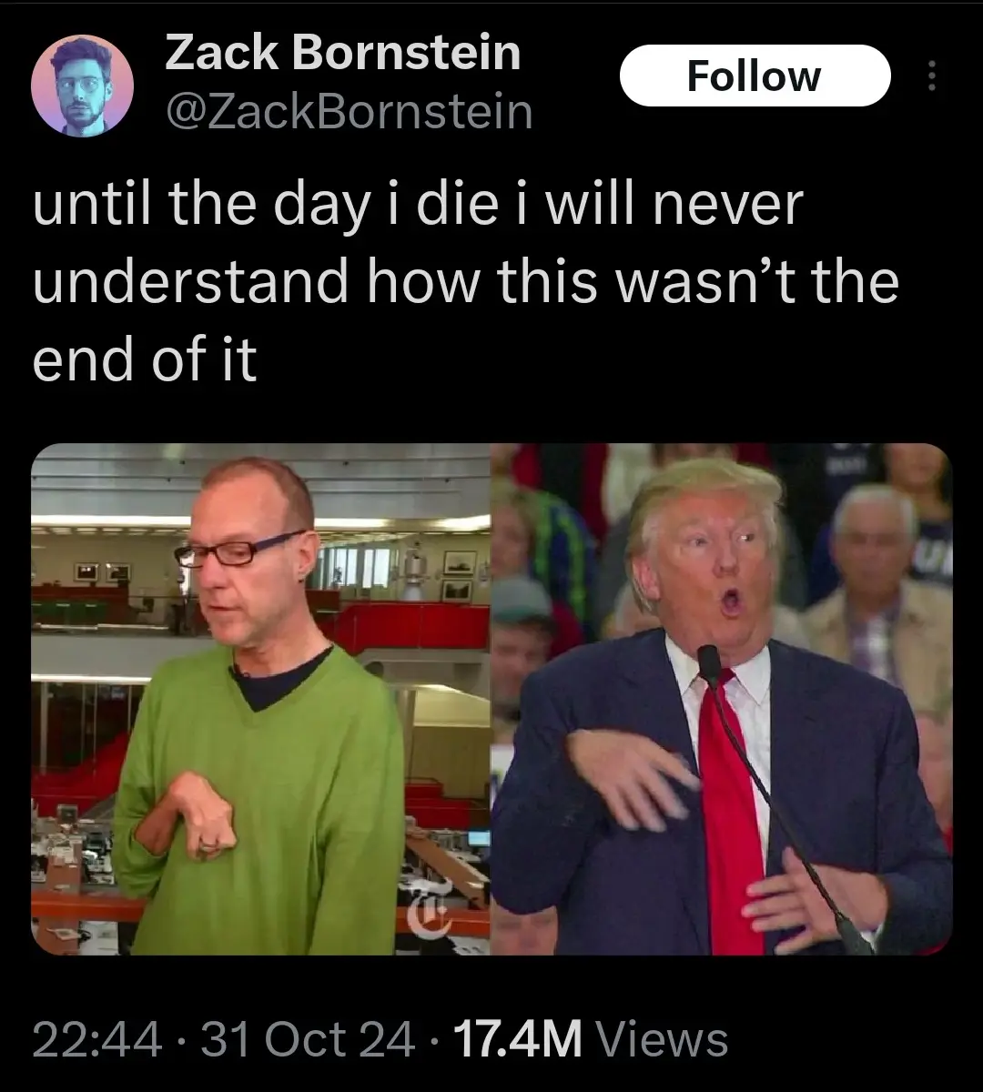 The image is a split-screen meme featuring two men: on the left, a man in a green sweater and glasses looking down with a…