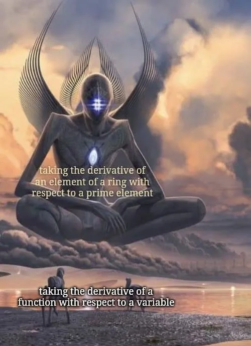 A large, winged, humanoid figure with glowing eyes sits meditatively above clouds, while two small figures stand below on a…