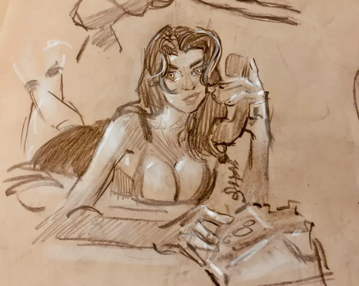 A sepia-toned pencil sketch depicts a woman with long hair, wearing glasses and a top, reclining while holding a phone. She…