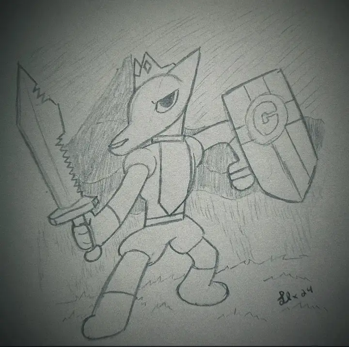 A pencil sketch depicts an anthropomorphic fox-like character in a heroic pose, holding a large sword in one hand and a…