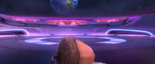 A sequence of six panels shows the animated sloth character from Ice Age, in a futuristic spaceship with Earth visible in…