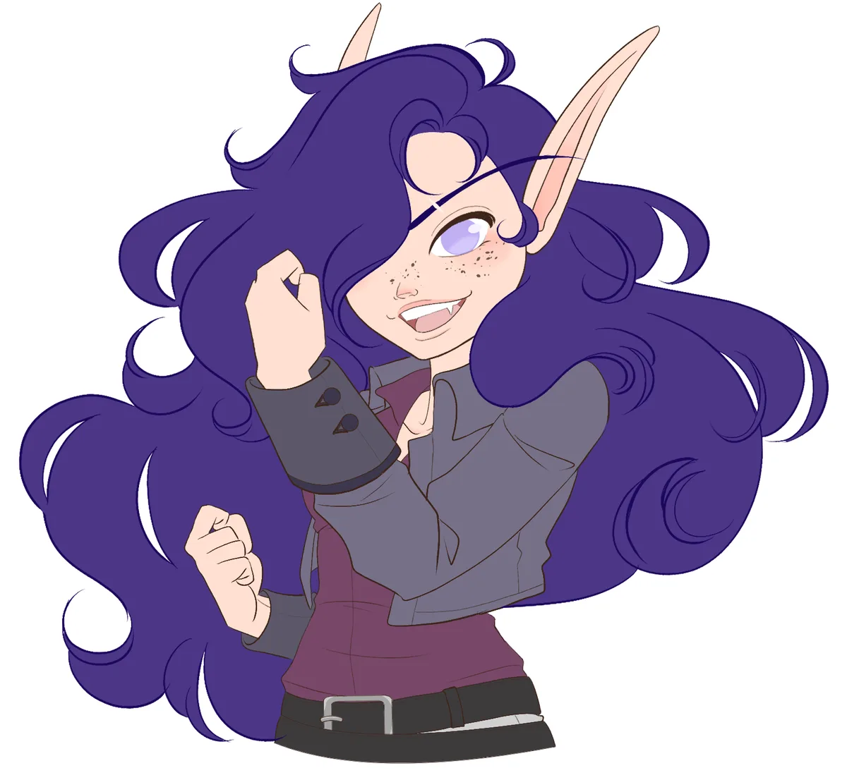 An anime-style illustration of a cheerful, purple-haired elf with pointed ears, freckles, and fangs, wearing a grey jacket…