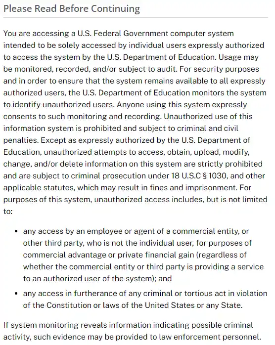The image displays a formal U.S. government warning screen, typically seen when accessing restricted federal systems, with…