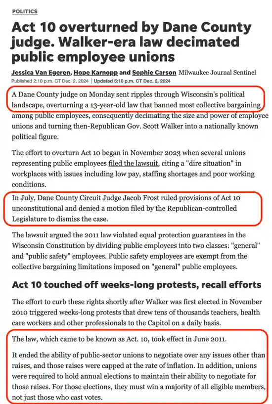 A screenshot of a Milwaukee Journal Sentinel article about a Dane County judge overturning Act 10, a 2011 Wisconsin law that…