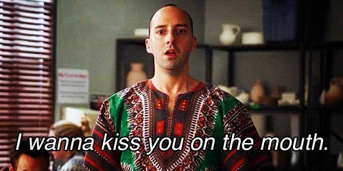 The image shows a man in a colorful patterned shirt repeating the phrase 'I wanna kiss you on the mouth.' across six panels…