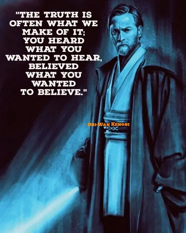A blue-tinted image of Obi-Wan Kenobi from Star Wars, standing with a lightsaber hilt visible at his side. White text…