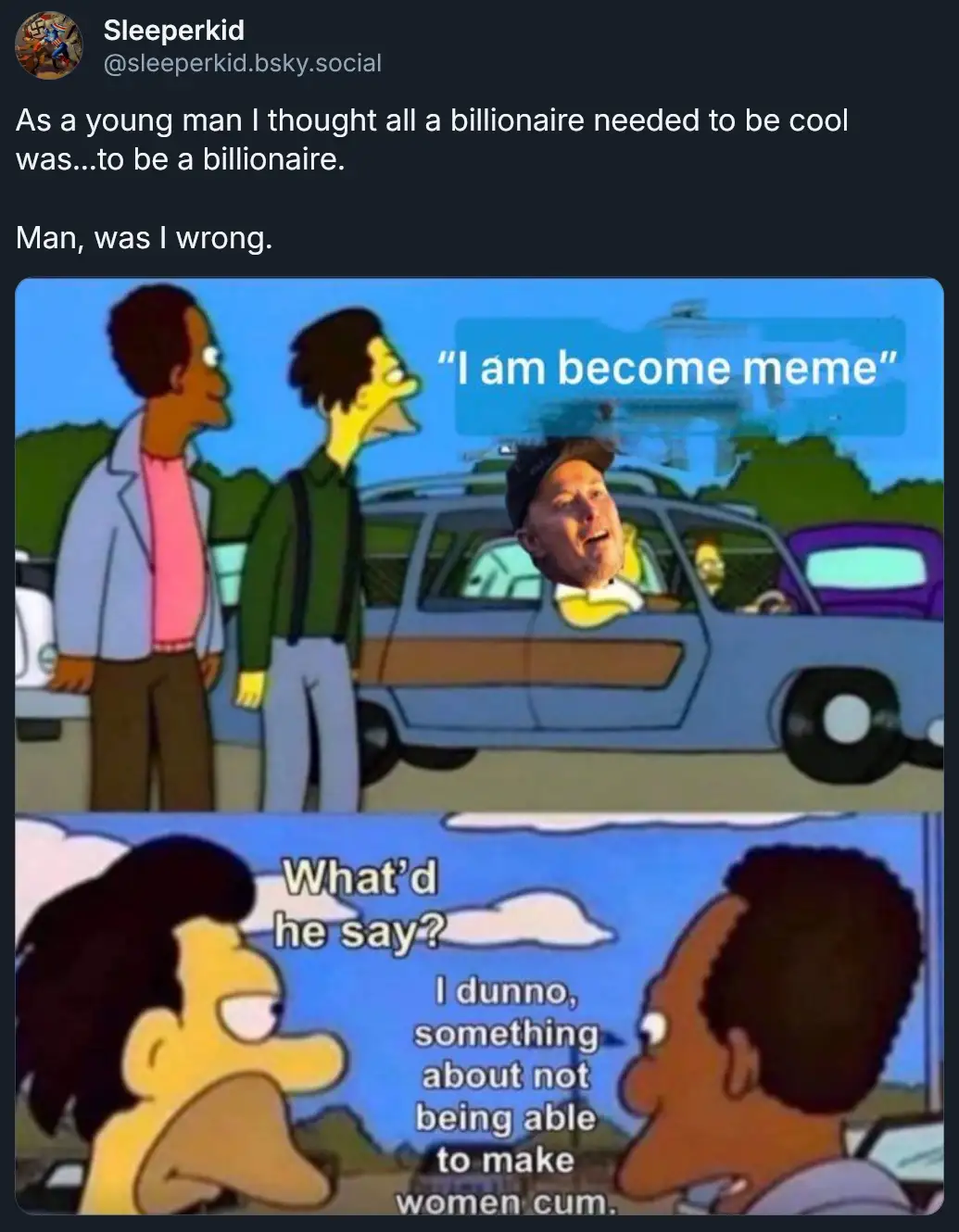 The image is a two-panel meme using a scene from The Simpsons. In the top panel, two men stand beside a car, and the driver…
