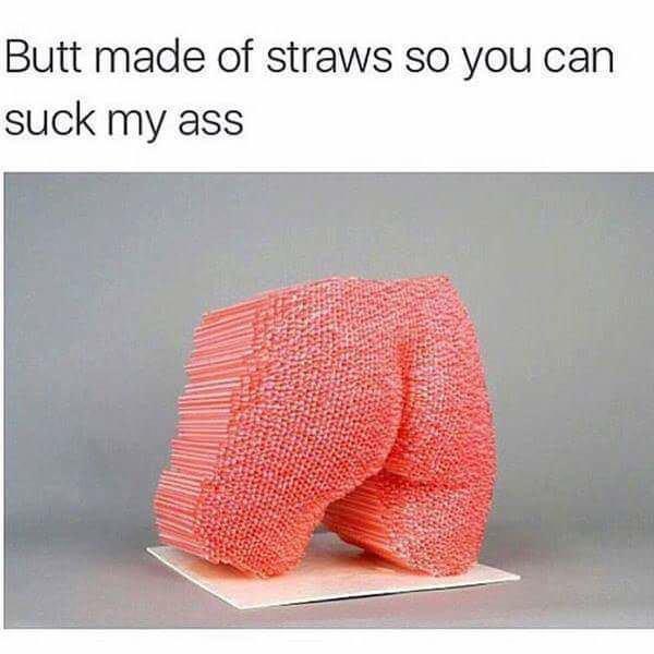 A sculpture shaped like a human buttocks, constructed entirely from pink plastic straws, sits on a white base against a…