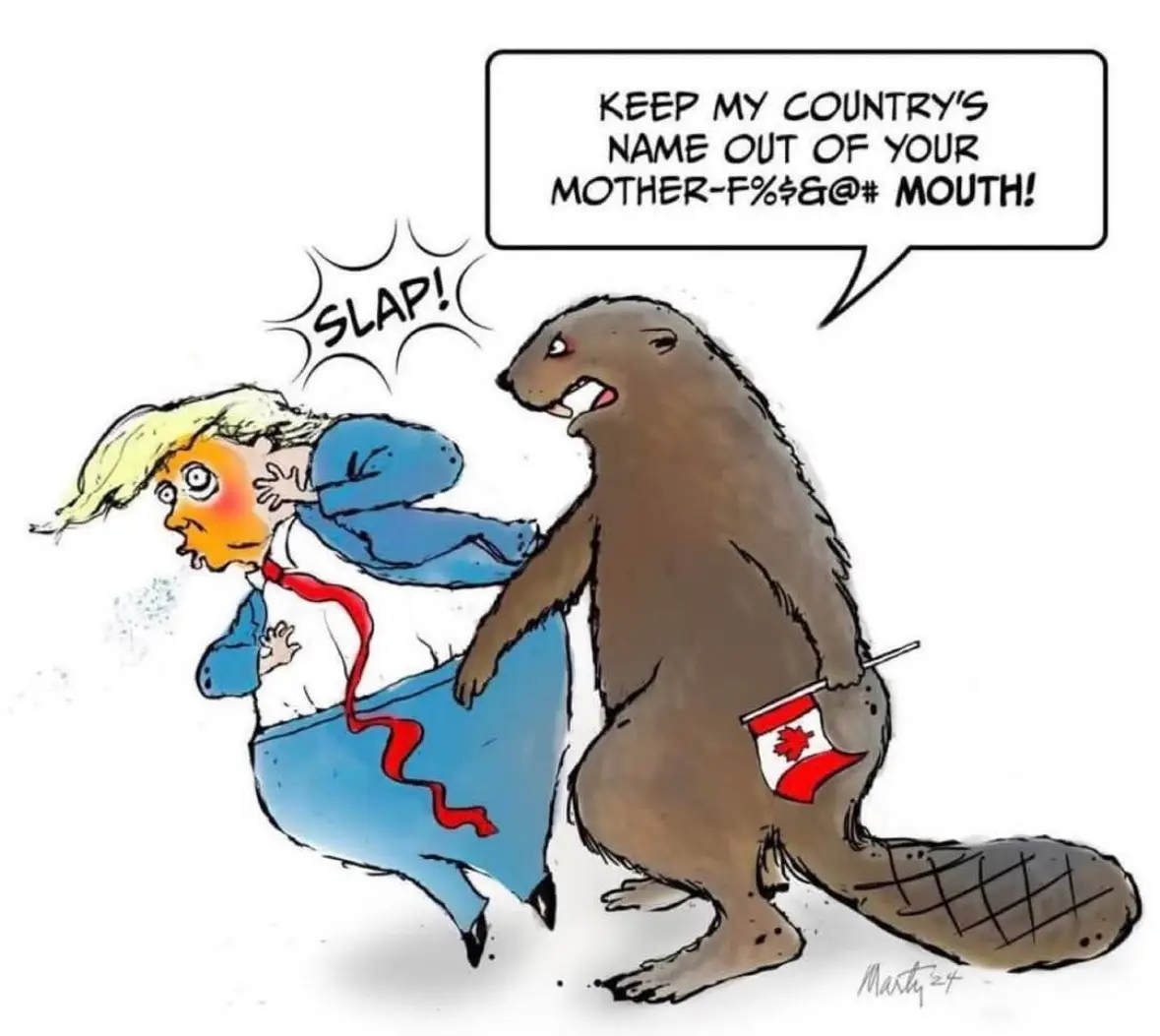 A cartoon depicts a brown beaver wearing a Canadian flag on its tail, slapping a caricature of Donald Trump who is recoiling…